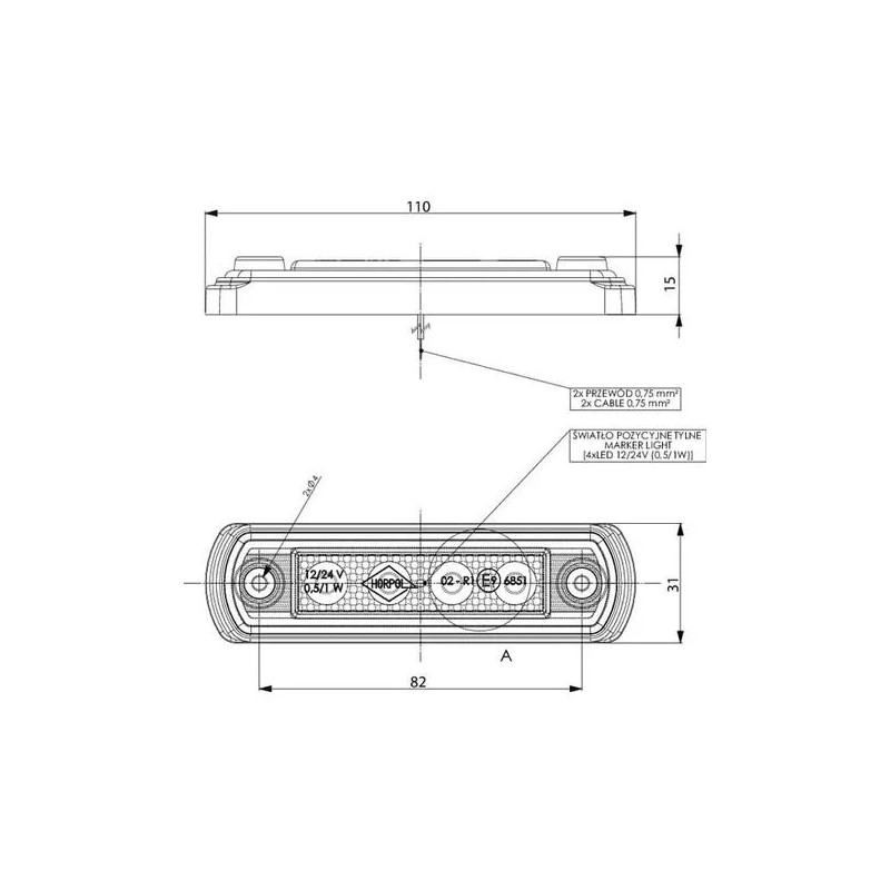 FEU GABARIT LED RECTANGULAIRE 82x31x15mm