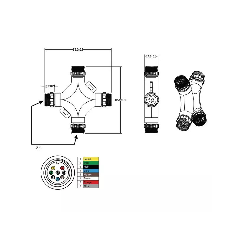 DEMULTIPLICATEUR EN CROIX 4 CONNEXIONS RAPIDES MALES 8 PIN