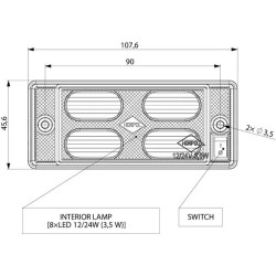 PLAFONNIER INTERIEUR CABINE 4 LED 170 LUMENS 12/24V 107.6X45.6X24.4MM AVEC INTERRUPTEUR