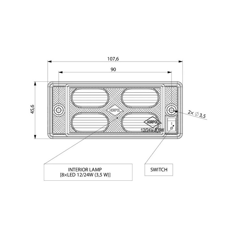 PLAFONNIER INTERIEUR CABINE 4 LED 170 LUMENS 12/24V 107.6X45.6X24.4MM AVEC INTERRUPTEUR