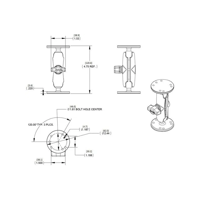 KIT DE MONTAGE SUPPORT RAM B LONGUEUR 120.6MM DIAMETRE EXTERIEUR 25.4MM