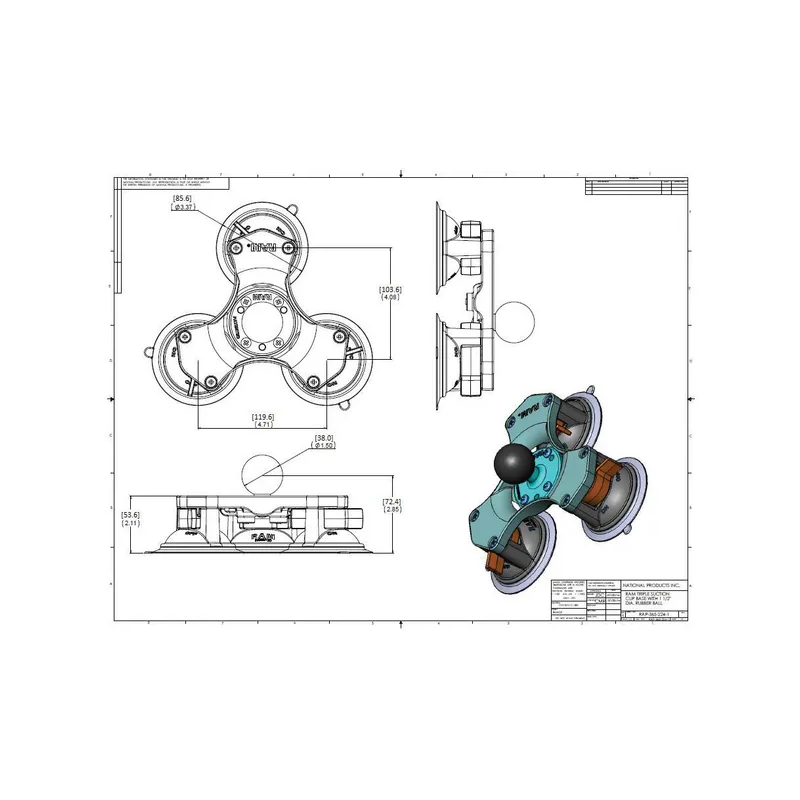 SUPPORT RAM C 3 VENTOUSES LONGUEUR 202MM DIAMETRE EXTERIEUR 38MM