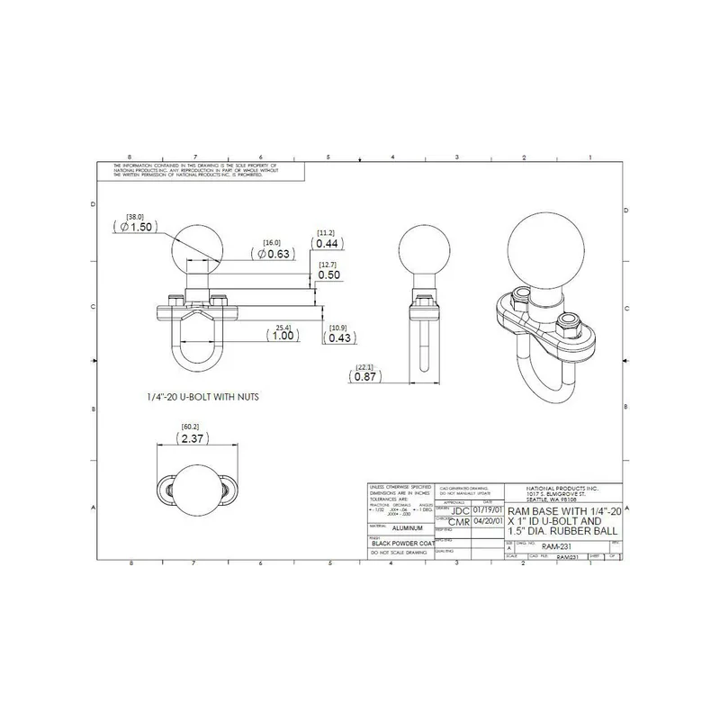 SUPPORT DE MONTAGE 1/2" - 1" RAM C DIAMETRE EXTERIEUR 38MM