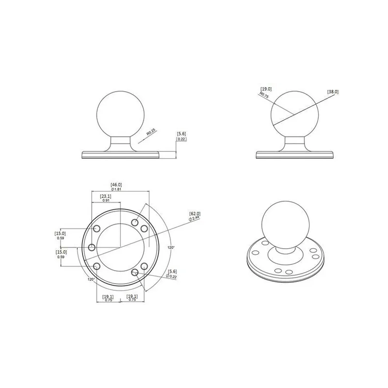 PIED DE MONTAGE ROND RAM C LONGUEUR 62MM DIAMETRE BOULE 38.1MM