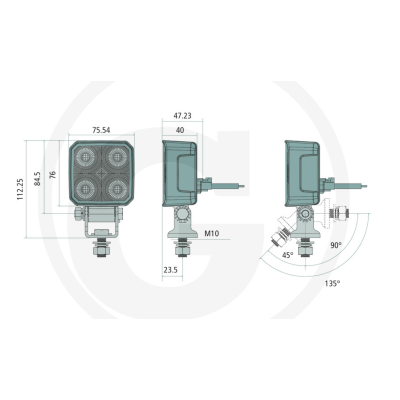 PHARE DE TRAVAIL CARRE 4 LED 1600 LUMENS CONNECTEUR DEUTSCH 3 MODES DE COULEUR