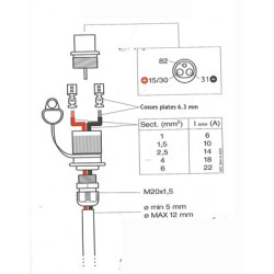 PRISE 3 PLOTS 12/24V MÂLE 25A + PRESSE ÉTOUPE ET CAPUCHON