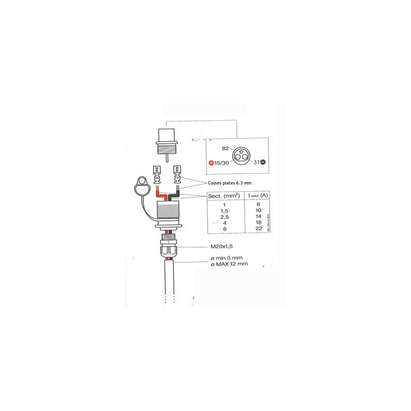 PRISE 3 PLOTS 12/24V MÂLE 25A + PRESSE ÉTOUPE ET CAPUCHON