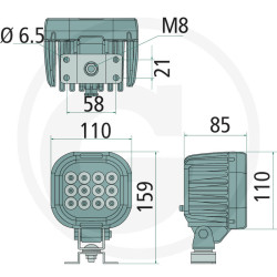 PHARE DE TRAVAIL CARRE 12 LED 4650 LUMENS ADAPTABLE JOHN-DEERE RE259653 FENDT G737900110030